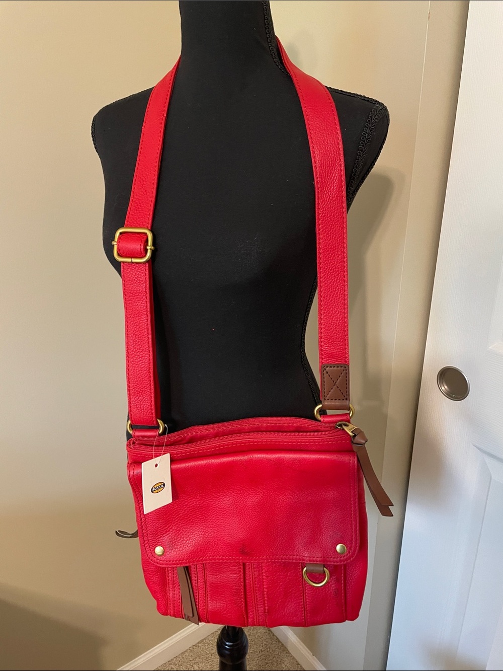 Fossil Red Leather Crossbody with Flap and Gold Hardware